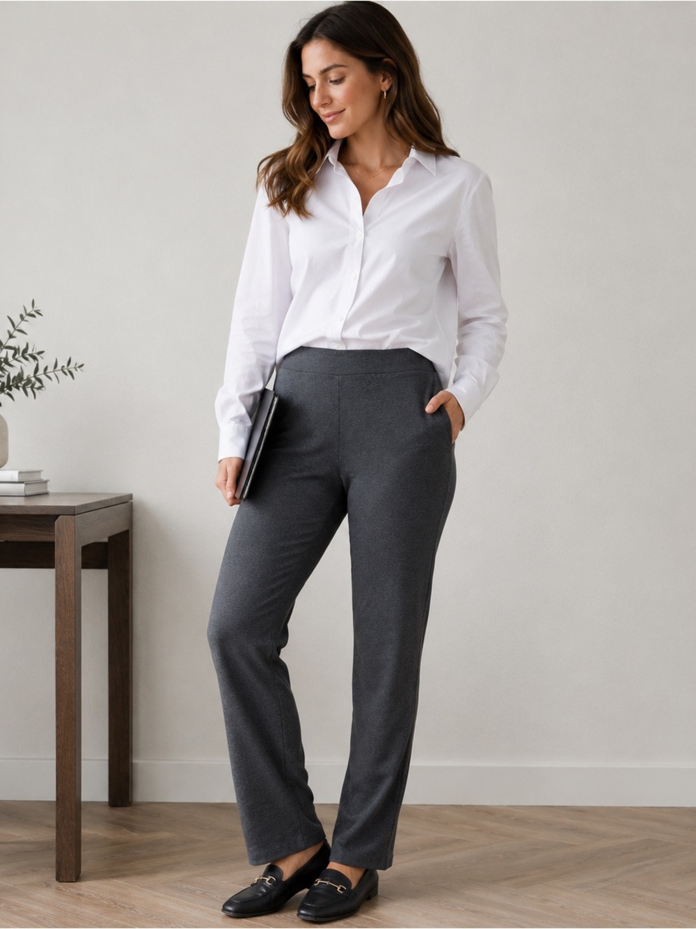 New York & Company Stretch Knit Pants Womens M Gray Pull On Career Casual